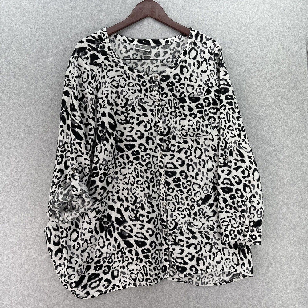 JM Collection 100% Linen Blouse Womens Size 18W Animal Print Tab Sleeves Pocket